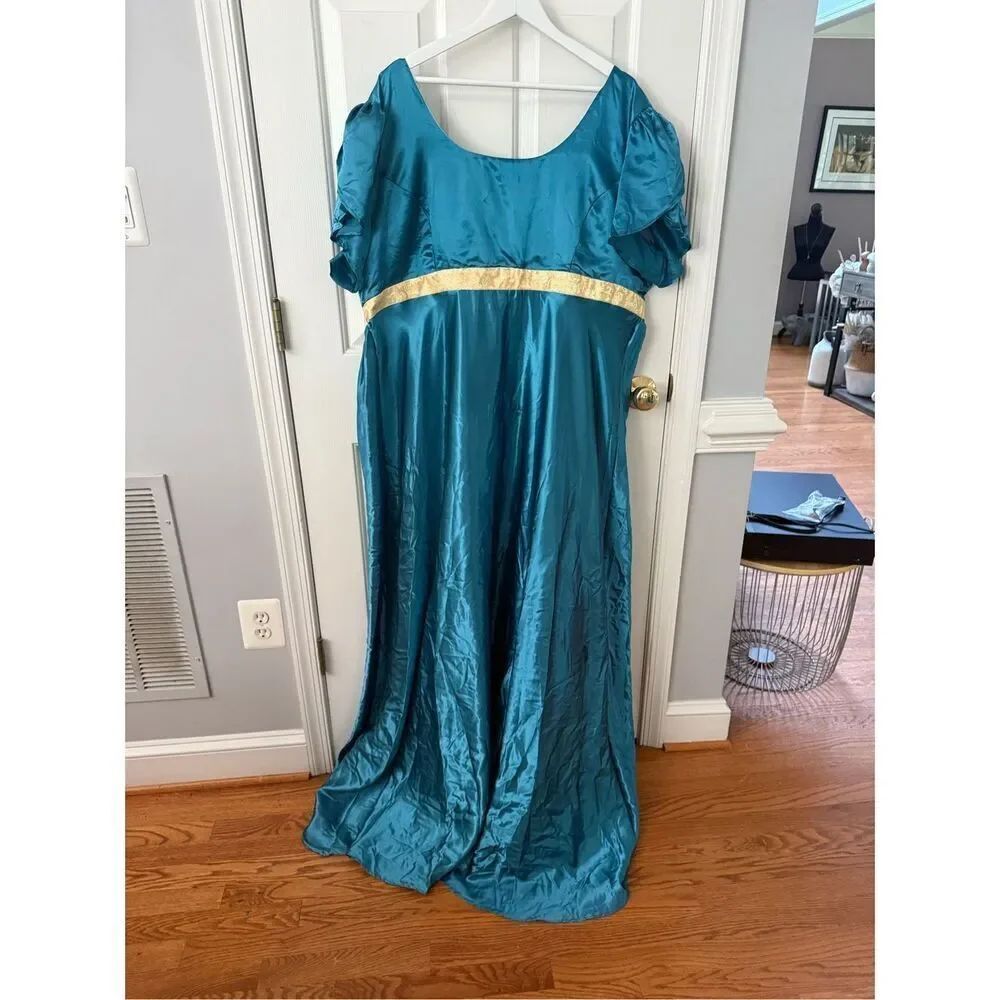 Renaissance Faire Teal Satin Tulip Sleeve Handmade Dress Gown sz 26W EUC